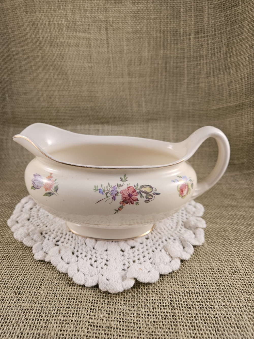 Cream Floral Porcelain Gravy Boat with Gold Trim Household Institute  Vintage